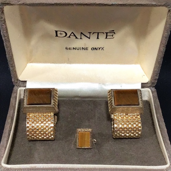 Vintage Dante Men’s Genuine Onyx Mesh Wrap-Around Cufflink/Tie Pin Set - Picture 1 of 6